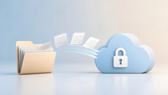 Document papers transferring from a physical folder into a secure 3D cloud icon with a lock, conceptualizing secure data migration and digital cloud backup.