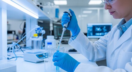 Fototapeta premium Scientist conducting precise lab experiment with pipette in modern research facility
