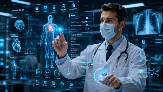Doctor interacting with futuristic medical AI interface displaying heart lungs DNA icons, advanced healthcare technology concept