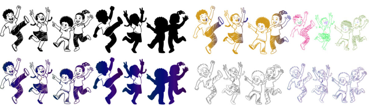 Happy jumping children silhouettes, active kids dancing vector set, playful youth character icons in colorful outlines and solid shapes