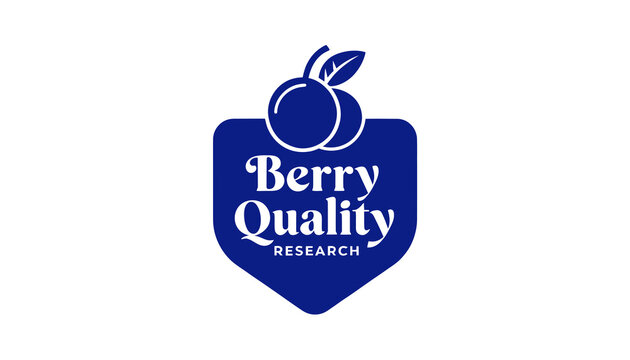 Blue berry quality research logo emblem with fruit icon and text, symbolizing freshness and scientific investigation.