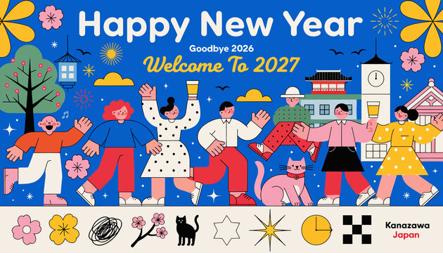 Happy New Year 2027: Cheerful People, Festive Celebration, Japanese Elements, Colorful Illustration