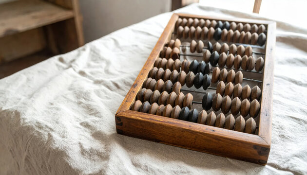 Antique wooden abacus with beads arranged on rows placed on a textured cloth surface