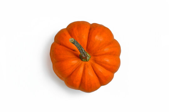 Top view of bright orange Jack be Little pumpkin on white background