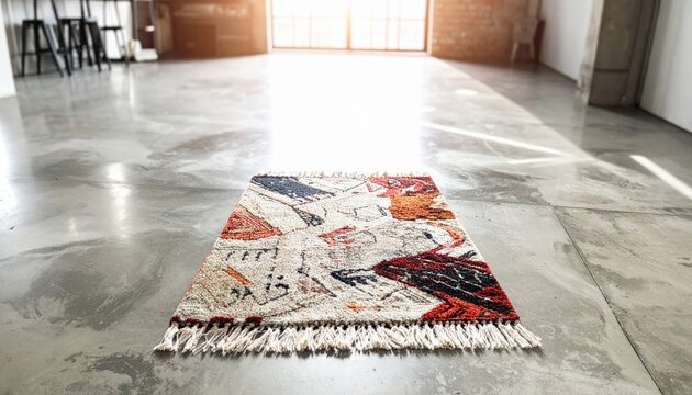 Artistic Abstract Patterned Woven Rug with Fringes Artfully Placed on a Concrete Floor for Modern Home Decor