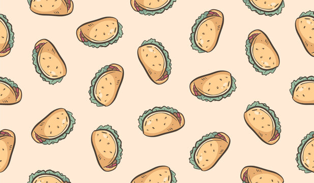 Taco doodle background. Beef taco pattern background. Sandwich seamless pattern. Fast food hand drawn background. Fast food doodle pattern.