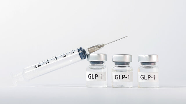 Medical weight loss injection syringe vial, GLP treatment concept with glass bottle, needle, dosage, healthcare, white background