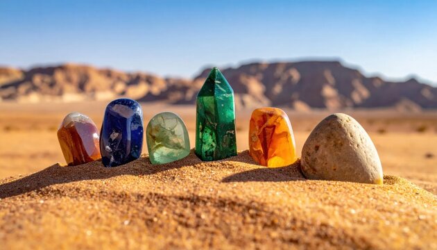 Assortment of Polished Gemstones and Natural Crystals on a Sandy Desert Landscape
