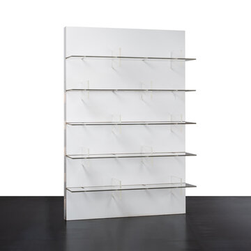 Vintage white laminate wall-mounted bookcase with plexiglass shelves secured by matching vertical dividers. A designer piece.