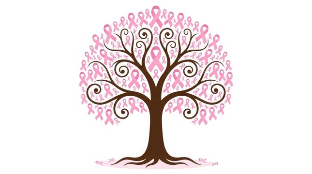 A stylized tree illustration with pink ribbons forming the foliage to represent support and hope during breast cancer awareness month events