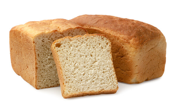 Square loaf of bread, half, and slice on a white background. Isolated.