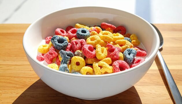 Bowl overflowing with colorful alphabet and loop-shaped breakfast cereal in milk