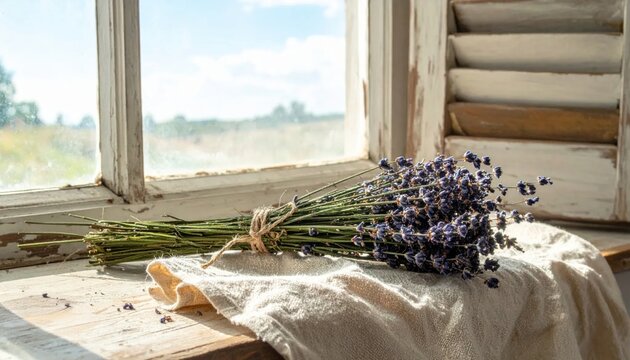 Bouquet of Dried Lavender Flowers Resting on a Linen Cloth by a Rustic Farmhouse Window
