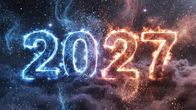 Glowing year 2027 numbers above clouds in starry space
