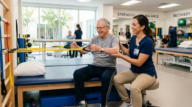 Caregiver assisting elderly man with resistance band exercise in physical therapy room, promoting strength and recovery with supportive and positive interaction