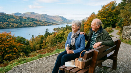 Fototapeta premium Elderly couple enjoying scenic park bench overlooking lake and autumn forest with mountains in background, sharing warm moment and outdoor relaxation