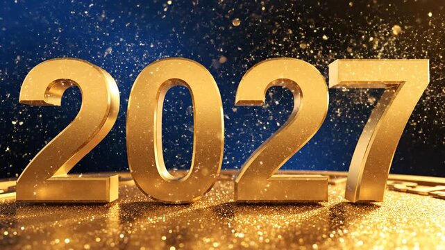 Golden 3D 2027 numbers on sparkling surface with bokeh background