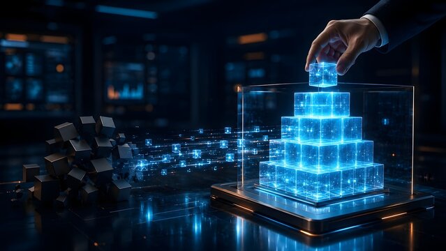 Hand assembling glowing blue digital pyramid inside glass case from chaotic metallic blocks representing data organization and secure information structuring.