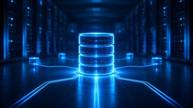 Centralized data center server with glowing blue network connections and digital cloud storage infrastructure