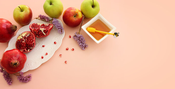 Rosh hashanah (jewish New Year holiday) concept. Traditional symbols