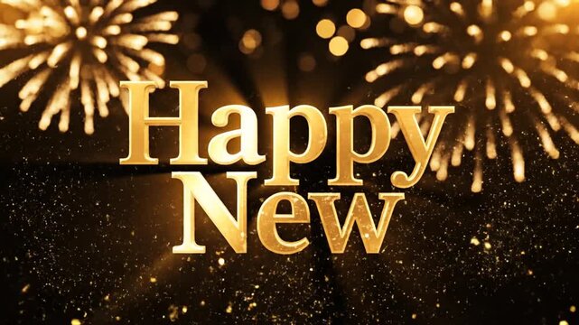 Golden 3D Happy New text with festive bokeh lights