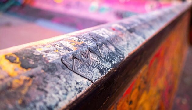 Close up of aged, weathered wood with vibrant, chipped paint splatters and textured details.
