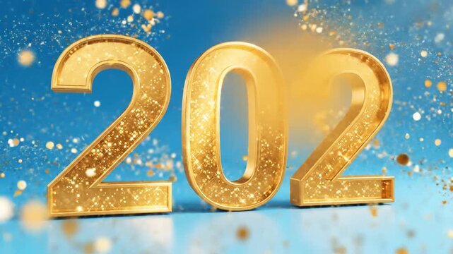 Golden 3D numbers 202 with sparkles on blue background