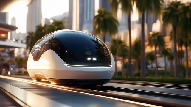 Autonomous electric pod navigating a futuristic cityscape adorned with palm trees during a vibrant sunset