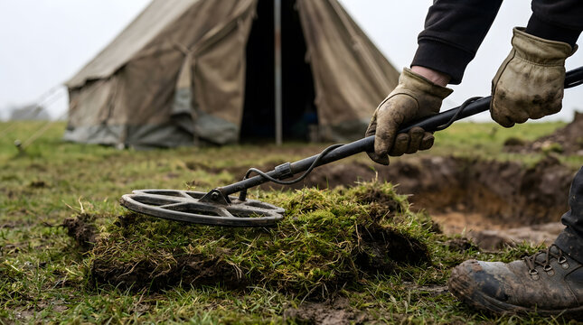 Professional metal detector scanning the ground near an archaeological dig site with a vintage canvas tent, a person in gloves searching for hidden artifacts and treasures in the grass.