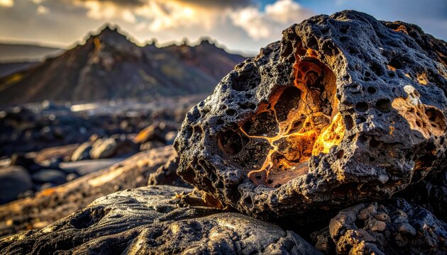 Closeup of a textured volcanic rock with glowing orange interior and porous surface detail against a blurred mountainous landscape