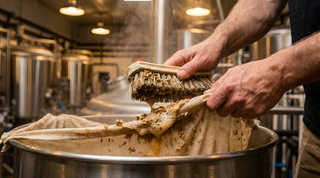 Close up of professional craft brewer's hands using a wooden brush to clean spent barley grain from a filter bag during the beer brewing process in a modern microbrewery with stainless tanks.