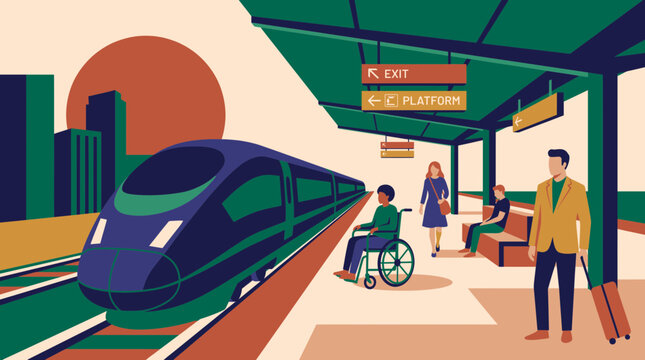 flat train station illustration showcasing modern high speed train, diverse passengers on platform and accessible transit, representing urban public transportation and inclusive mobility