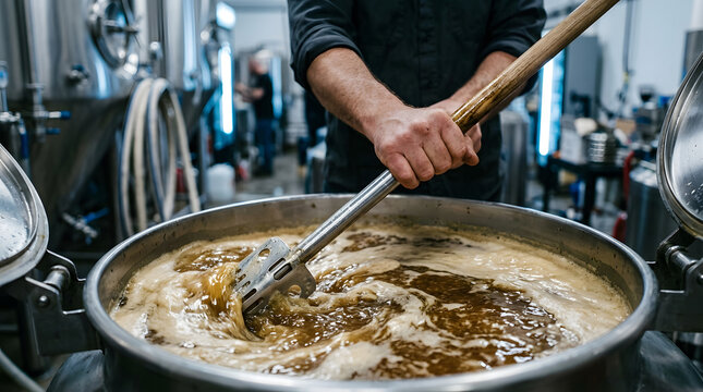 Professional brewer stirring bubbling wort in a large stainless steel mash tun during the beer production process at a local craft microbrewery, industrial equipment and fermentation tanks