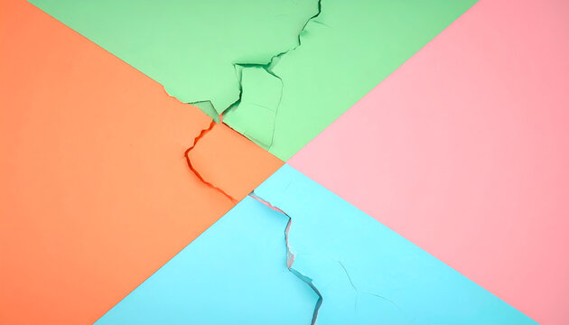 A vibrant geometric composition featuring four distinct colored quadrants, visually fractured across each division with cracks