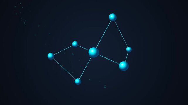 Looping 3d animation of glowing blue spheres connected by lines forming a geometric network against a dark space background.