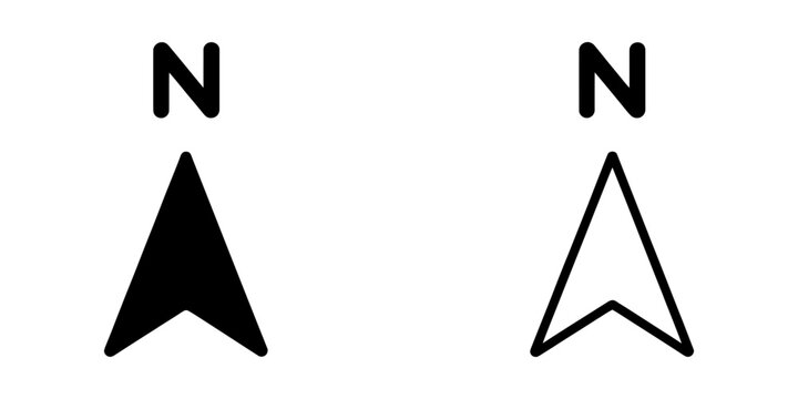 North direction arrow icon for navigation and mapping applications, representing orientation, location, travel routes, geographic direction, and digital interfaces.