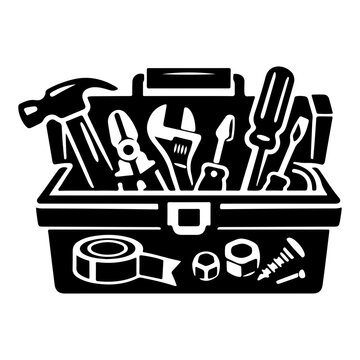 Open handyman toolbox with hammer and tools for repair, maintenance, construction, and workshop use.