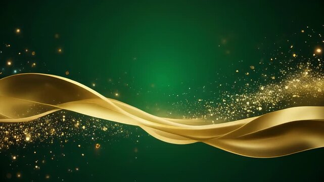 Golden ribbon wave with sparkling particles against a dark green gradient background cinematic motion