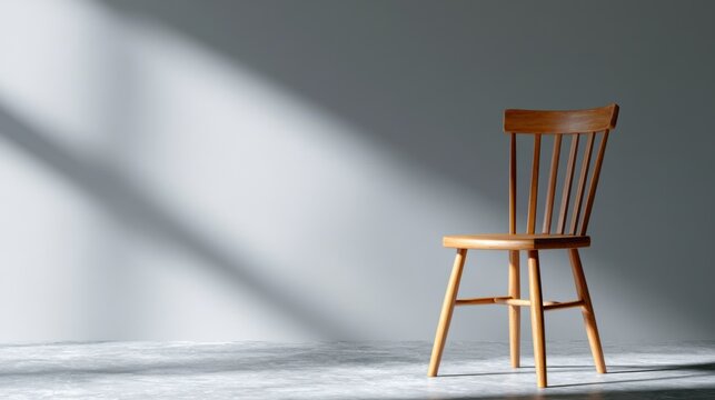 A wooden chair sits alone against a stark gray wall, bathed in the dappled light of a window casting geometric shadows