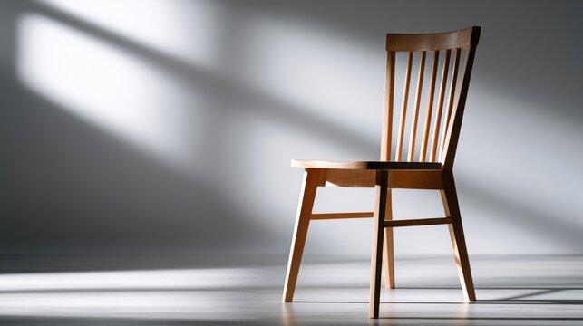A wooden chair sits alone in a room bathed in dramatic light and shadow, creating a somber and contemplative mood