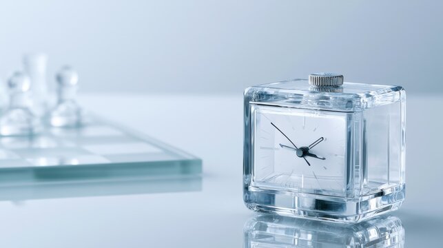 A modern glass clock sits on a reflective surface next to a glass chessboard and pieces, symbolizing strategy and the passage of time