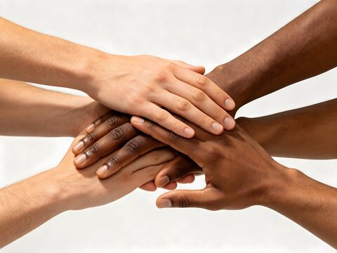 Diverse hands stacked together showing unity and teamwork