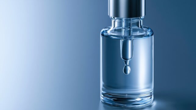 A close-up of a dropper dispensing a single drop of clear liquid into a glass vial against a soft blue gradient background. This image evokes a sense of science, precision, and purity.