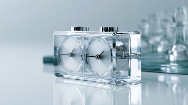 A chess clock sits on a reflective surface, with chess pieces blurred in the background. The clock appears to be made of clear acrylic and has two dials