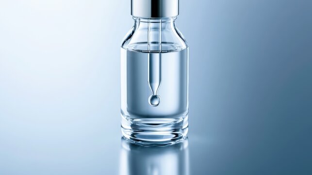A clear liquid droplet falls from a pipette into a small glass vial with a metal cap, suggesting a scientific experiment or medical treatment