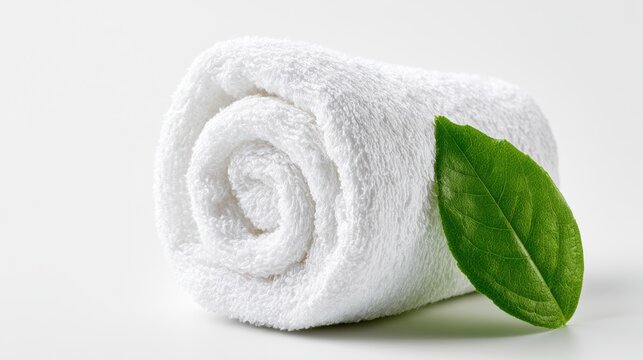 A clean, soft, white towel rolled up and placed next to a fresh green leaf, suggesting spa or relaxation.