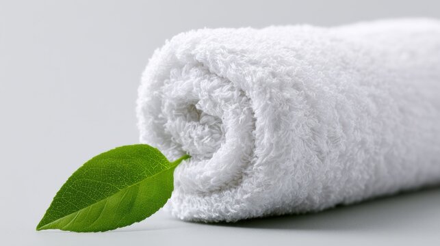 A rolled white fluffy towel with a fresh green leaf resting on its edge, signifying purity and naturalness
