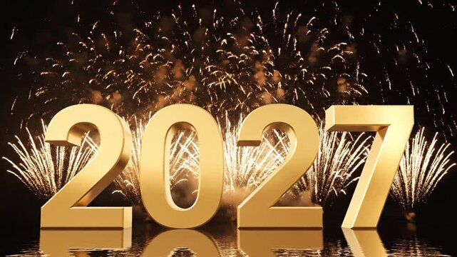 Golden 2027 3D numbers with fireworks and water reflections