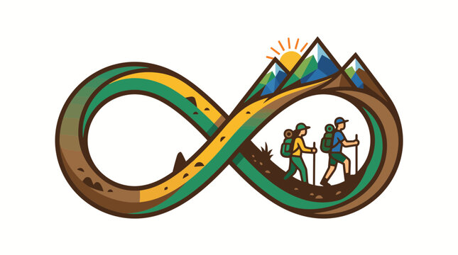 Hikers walking on an infinity symbol shaped mountain path
