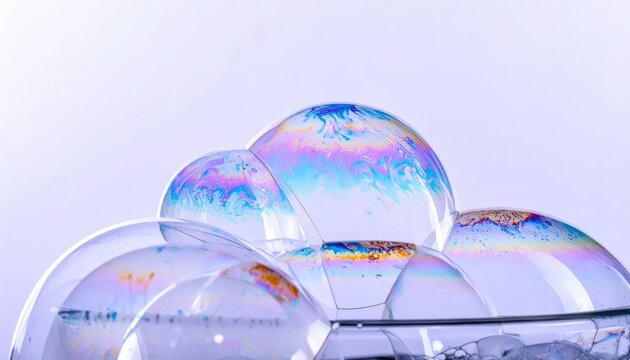 Close-up of iridescent rainbow soap bubbles shimmering with vibrant colors on a light background